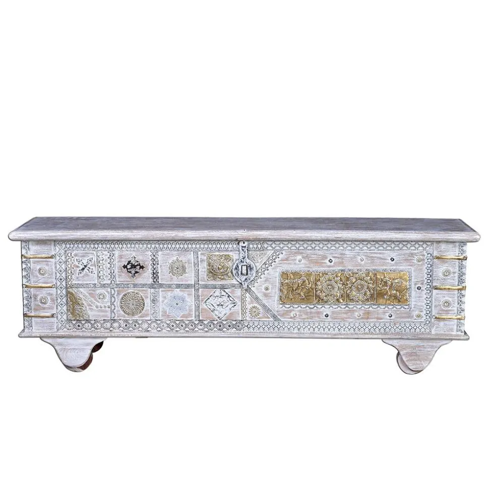 146 cm breite Truhe in Antikweiß mit Bronze - Abraham