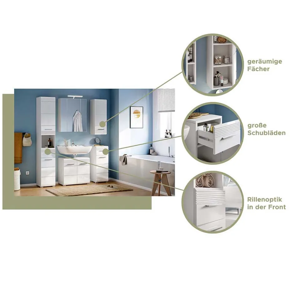 182 cm hoher Badschrank in Weiß Hochglanz - Whale