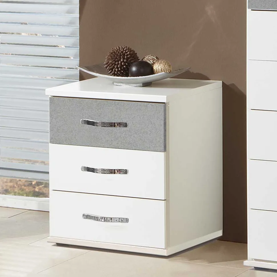 3 Schubladen Nachttisch in Weiß & Beton Optik - Hotti