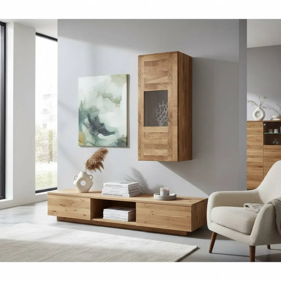 1 türiger Vitrine Vaskov aus Wildeiche Massivholz