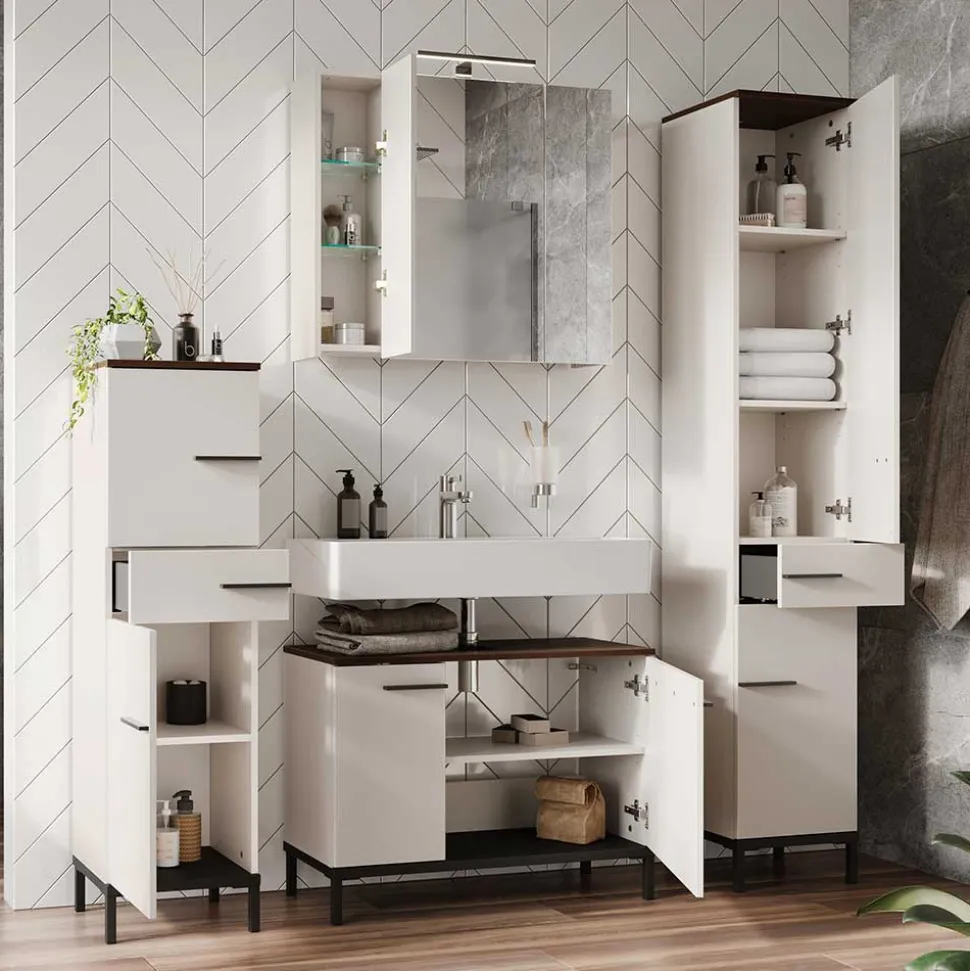 Badeinrichtung in Hellgrau mit Nussbaum - Dolida (vierteilig)