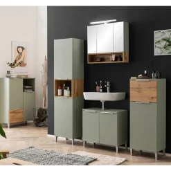 Badezimmer Highboard in Graugrün und Eiche - Liz