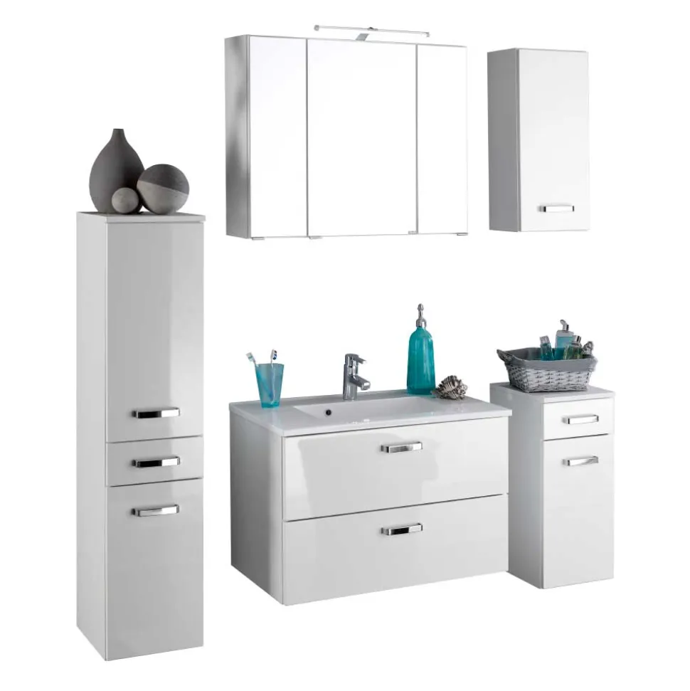 Badezimmer Set Sagunis in Weiß Hochglanz (fünfteilig)