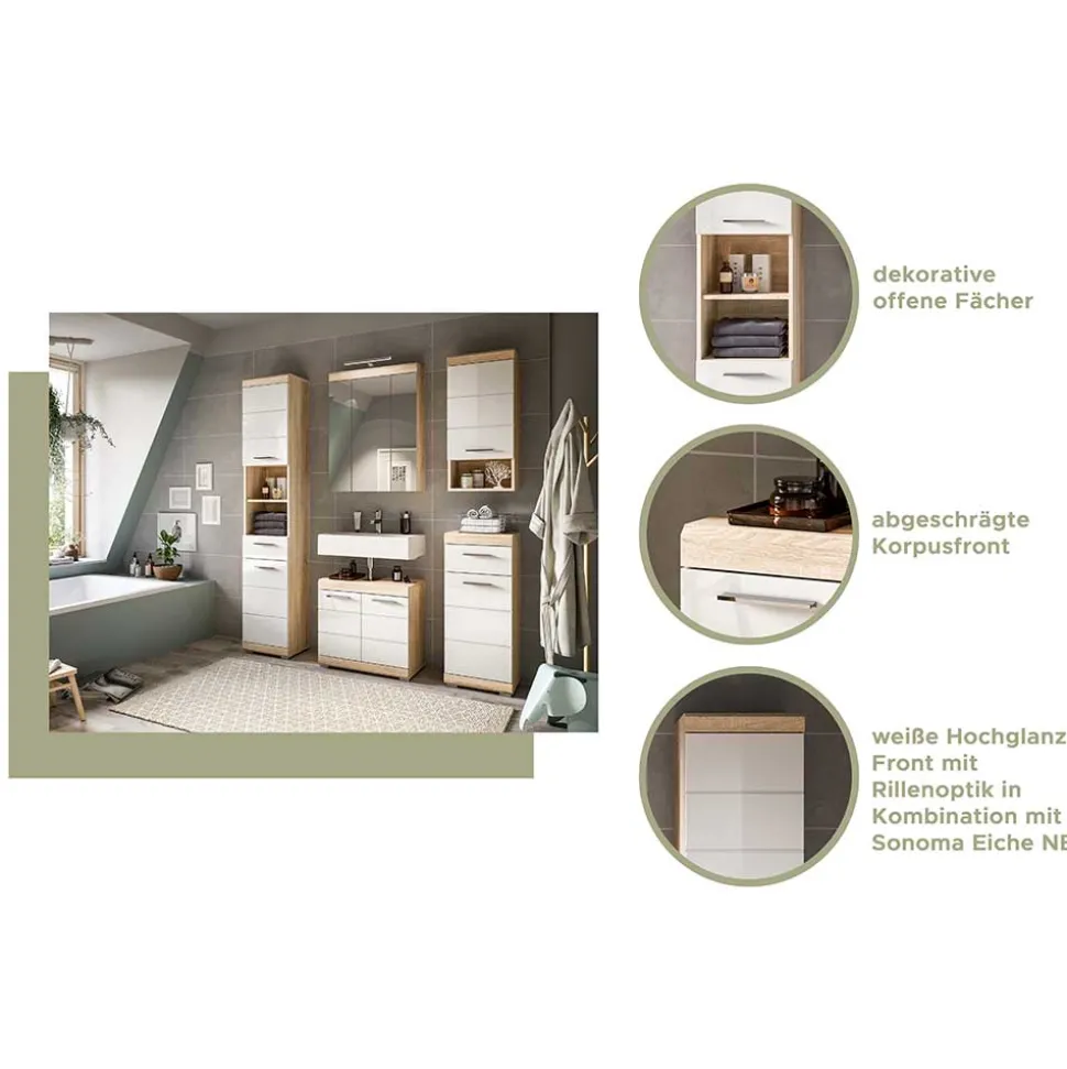 Badunterschrank in Weiß HG & Sonoma Eiche - Calbanyara