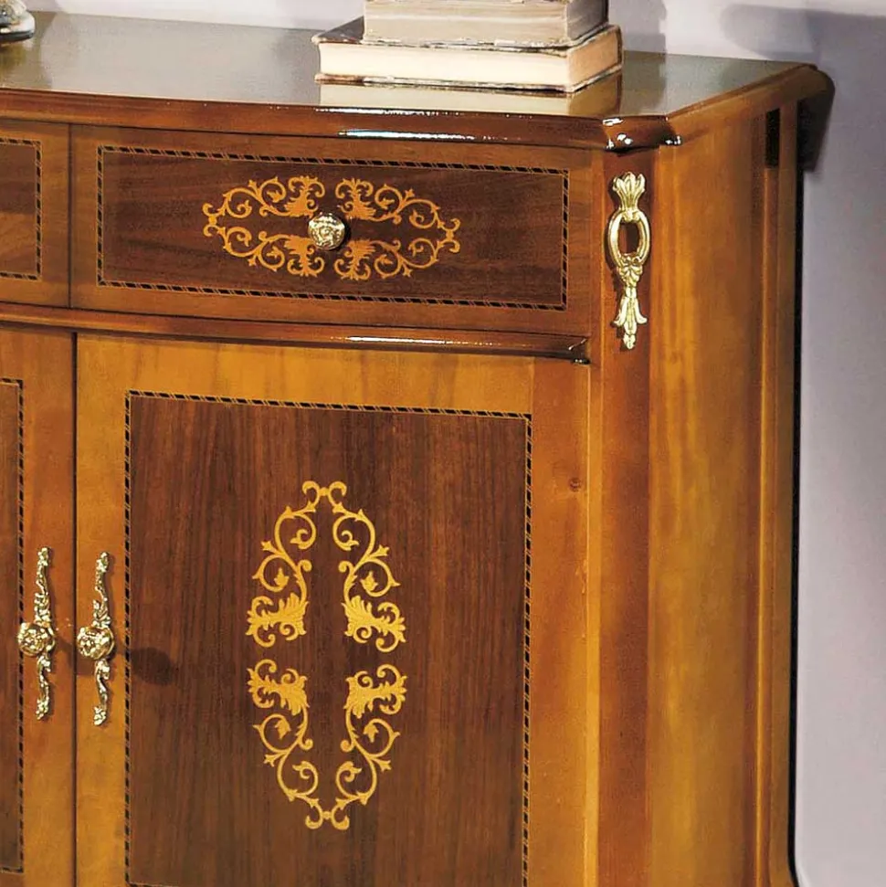 Barock Kommode mit Intarsien Natale in Nussbaumfarben