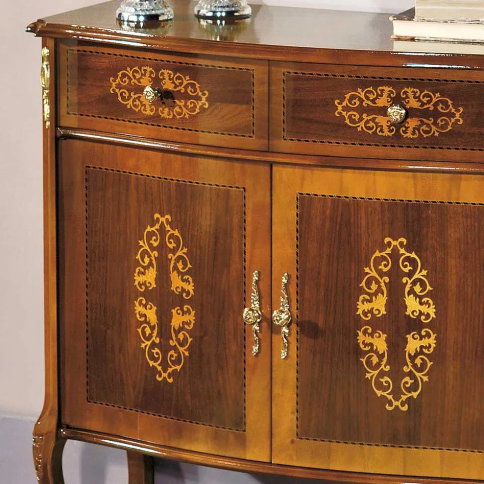 Barock Kommode mit Intarsien Natale in Nussbaumfarben