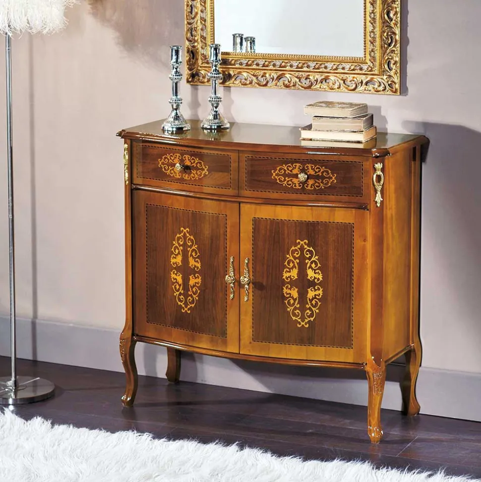 Barock Kommode mit Intarsien Natale in Nussbaumfarben