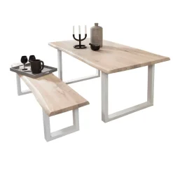 Baumkante Esstisch & Bank in White Wash - Tilveta (zweiteilig)