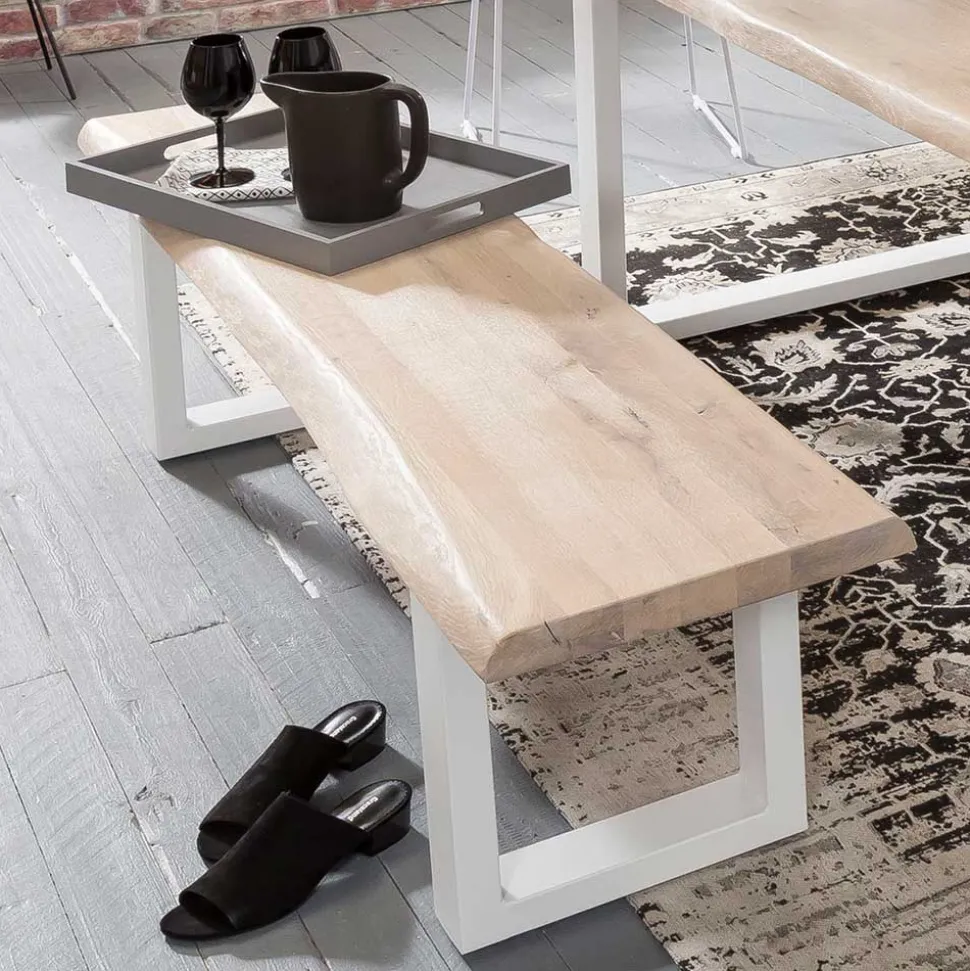 Baumkante Esstisch & Bank in White Wash - Tilveta (zweiteilig)