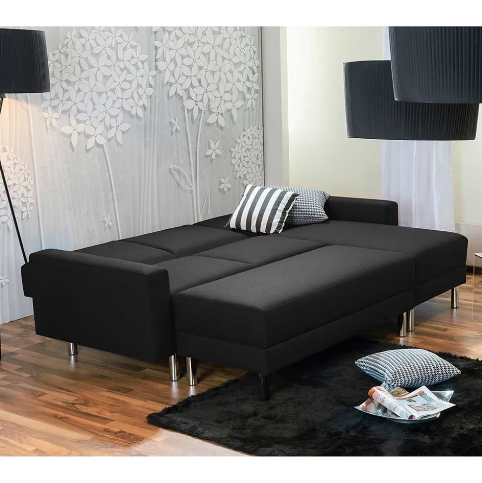 Bettsofa mit Hocker in Schwarz mit Chrom - Farella (zweiteilig)