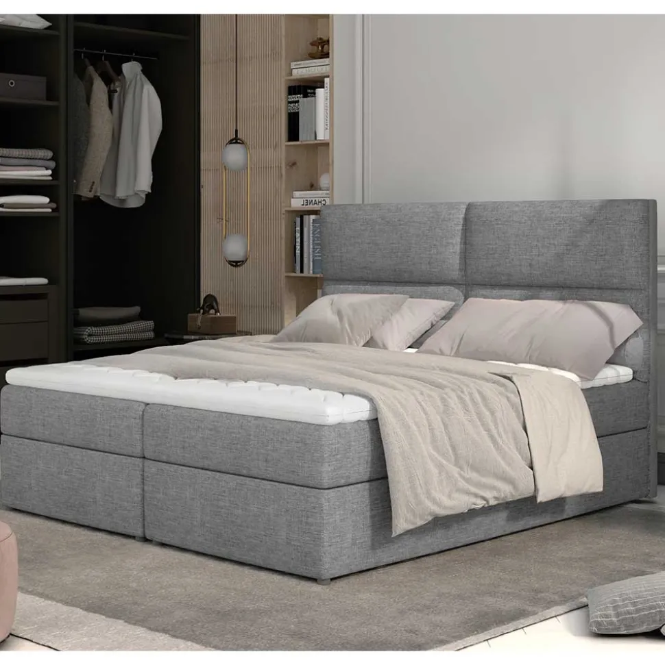 Boxbett mit grauem Webstoffbezug - Loerena