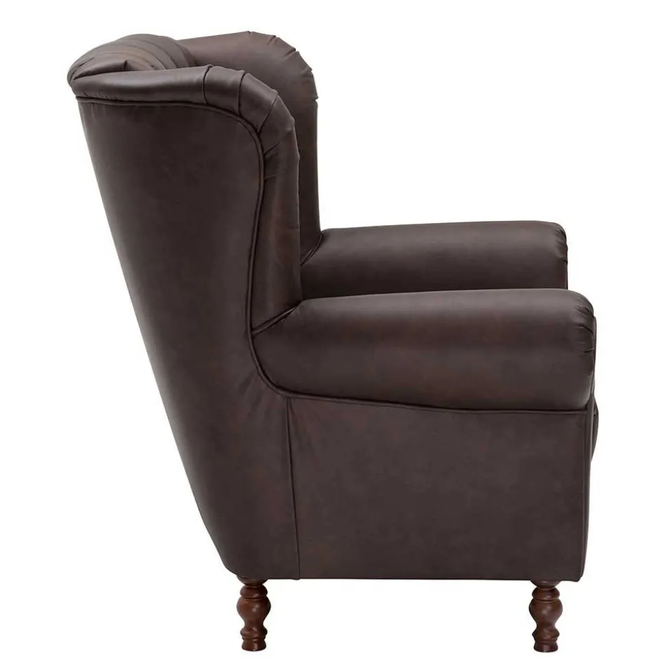 Brauner Federkernsessel mit Lederbezug - Chesterfield - Esmea