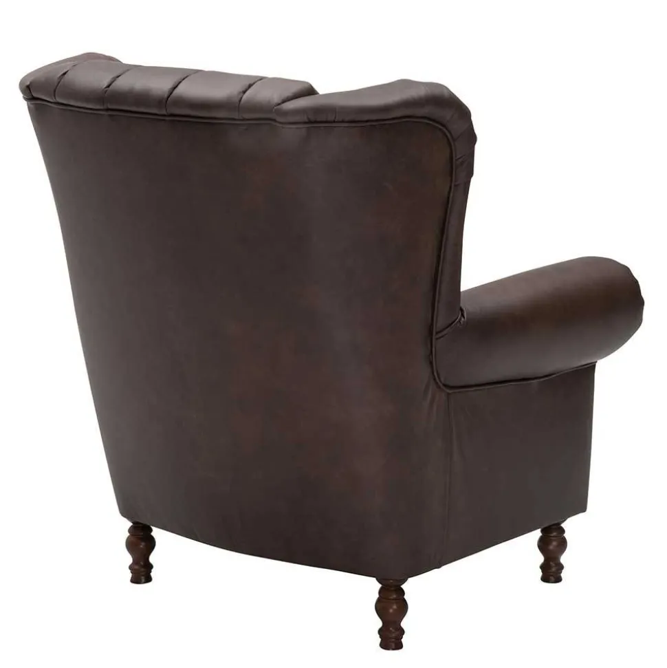Brauner Federkernsessel mit Lederbezug - Chesterfield - Esmea