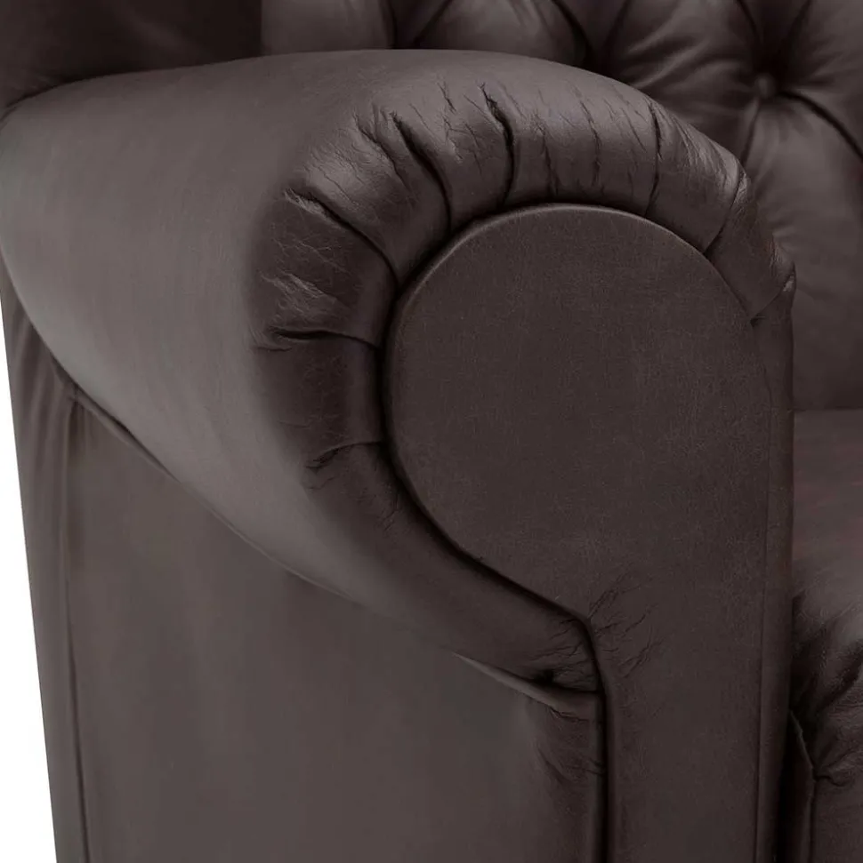 Brauner Federkernsessel mit Lederbezug - Chesterfield - Esmea