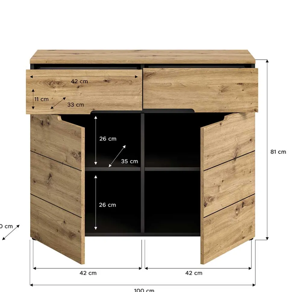 Breite Flurkommode mit zwei Schubladen - Norja