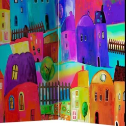 Bunt bedruckter Paravent mit Stadt Häusern Bäumen - Villa