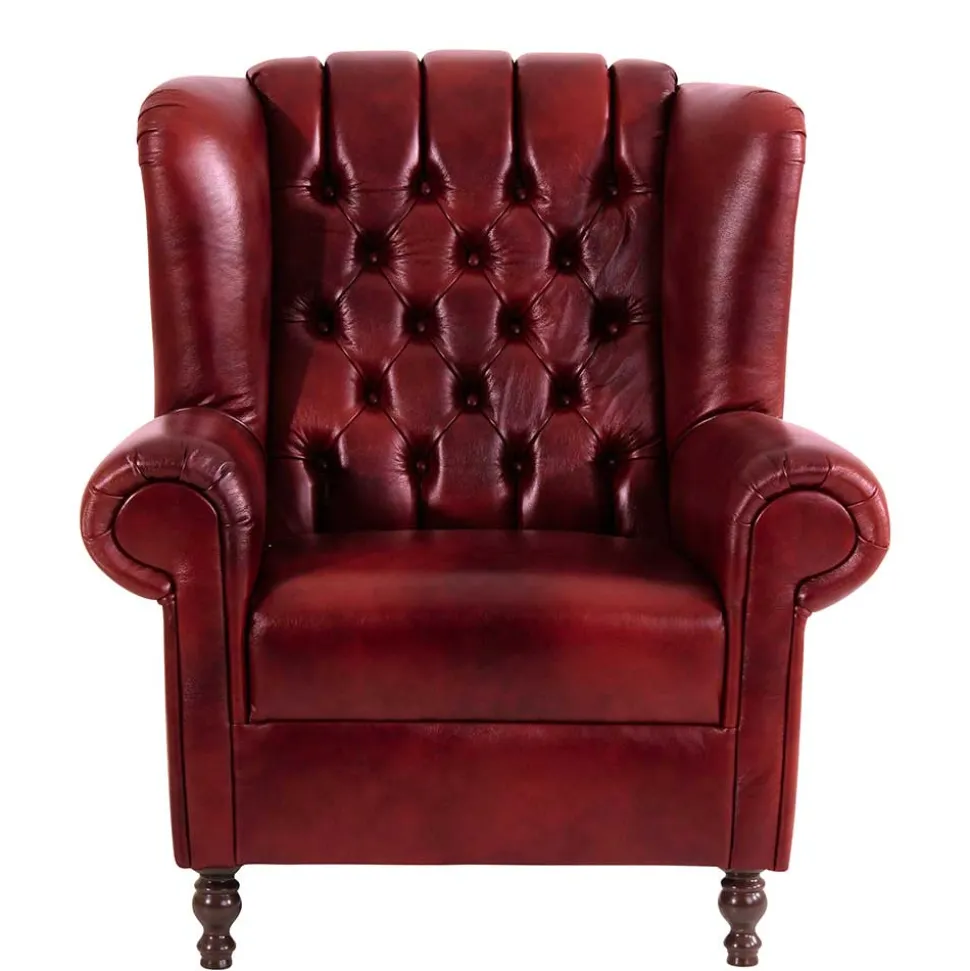 Chesterfield Ohrensessel in Dunkelrot Leder - Guantama