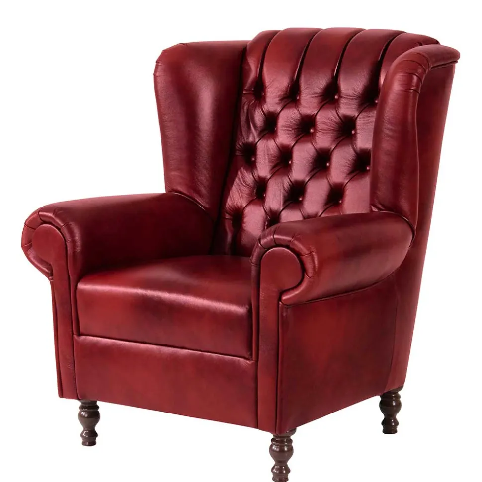 Chesterfield Ohrensessel in Dunkelrot Leder - Guantama
