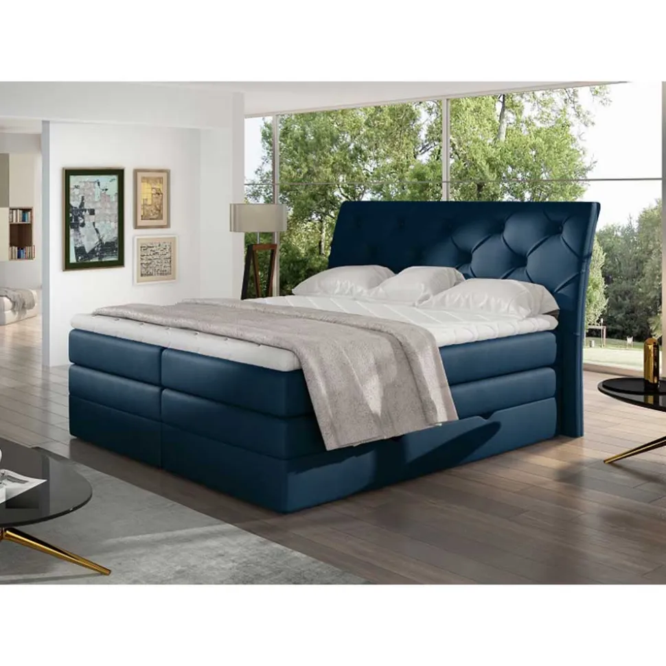 Chesterfield Samt-Boxspringbett in Dunkelblau - Cleveland