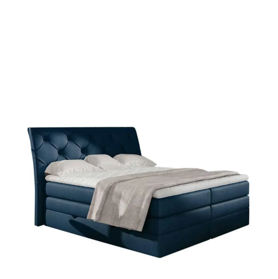 Chesterfield Samt-Boxspringbett in Dunkelblau - Cleveland