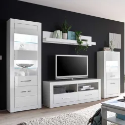 280cm breite Schrankwand in Weiß Hochglanz Yulis optional mit LED (vierteilig)