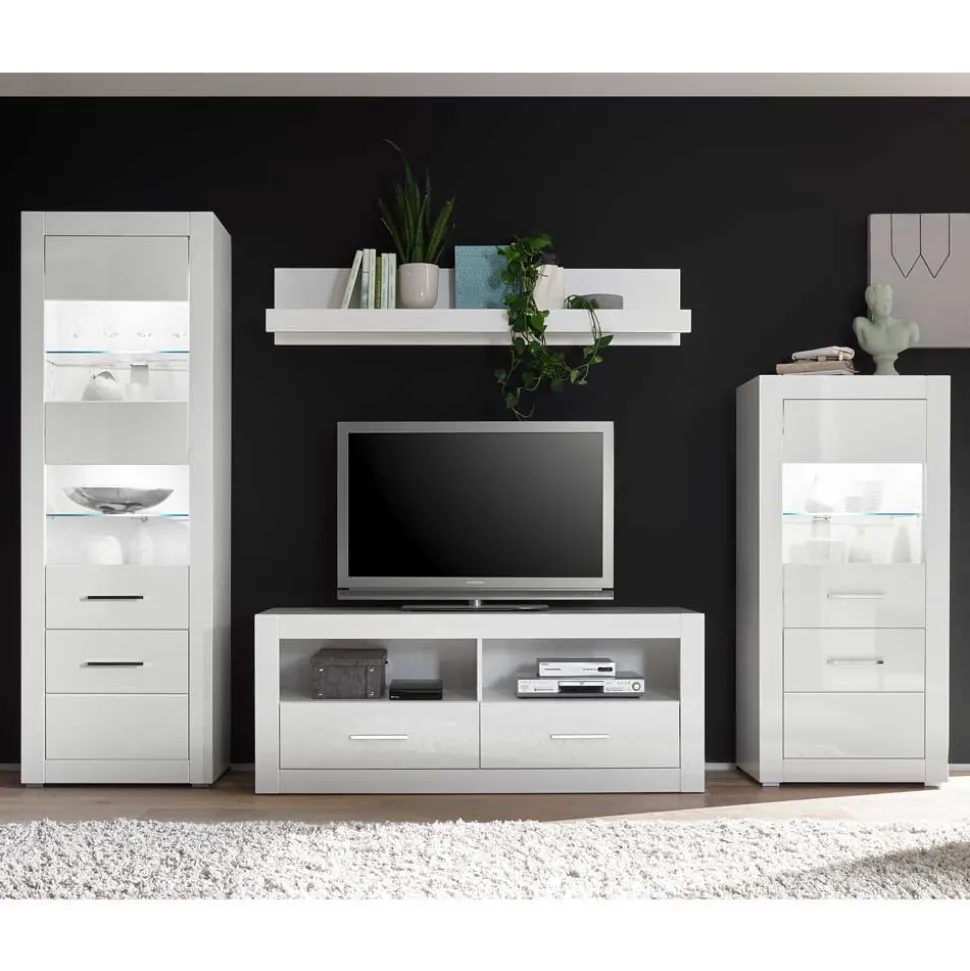 280cm breite Schrankwand in Weiß Hochglanz Yulis optional mit LED (vierteilig)