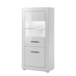 280cm breite Schrankwand in Weiß Hochglanz Yulis optional mit LED (vierteilig)