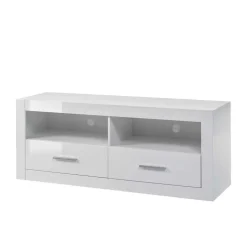 280cm breite Schrankwand in Weiß Hochglanz Yulis optional mit LED (vierteilig)