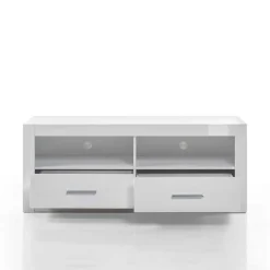 280cm breite Schrankwand in Weiß Hochglanz Yulis optional mit LED (vierteilig)