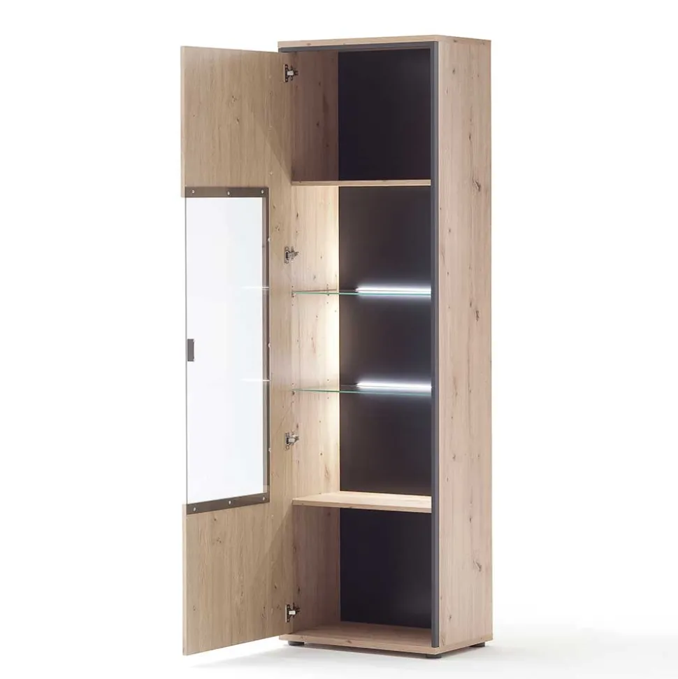 63cm breite Standvitrine in Eiche Holz Dekor - Nikdus