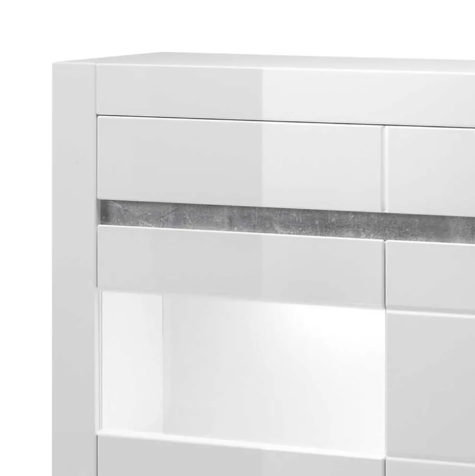 100cm breite Vitrine in Weiß Hochglanz Mextra mit Beton Dekor abgesetzt