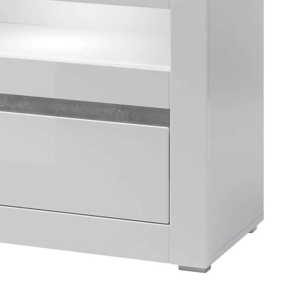 150cm breites TV Board in Hochglanz Weiß Mextra mit Beton Dekor