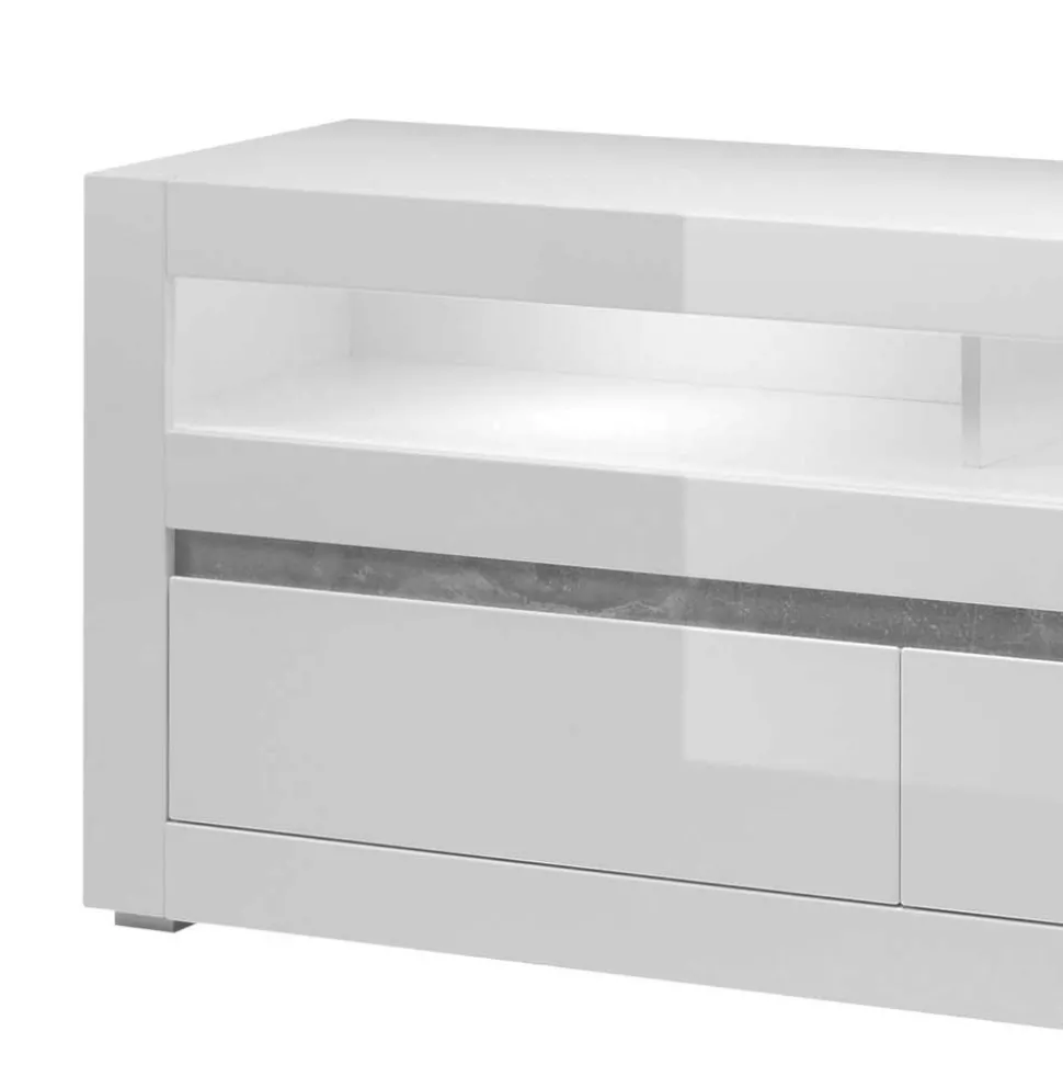 150cm breites TV Board in Hochglanz Weiß Mextra mit Beton Dekor