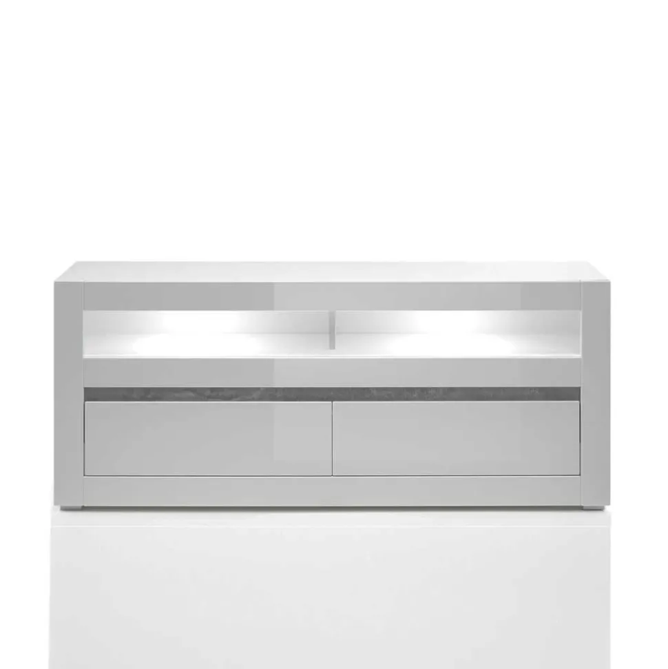 150cm breites TV Board in Hochglanz Weiß Mextra mit Beton Dekor