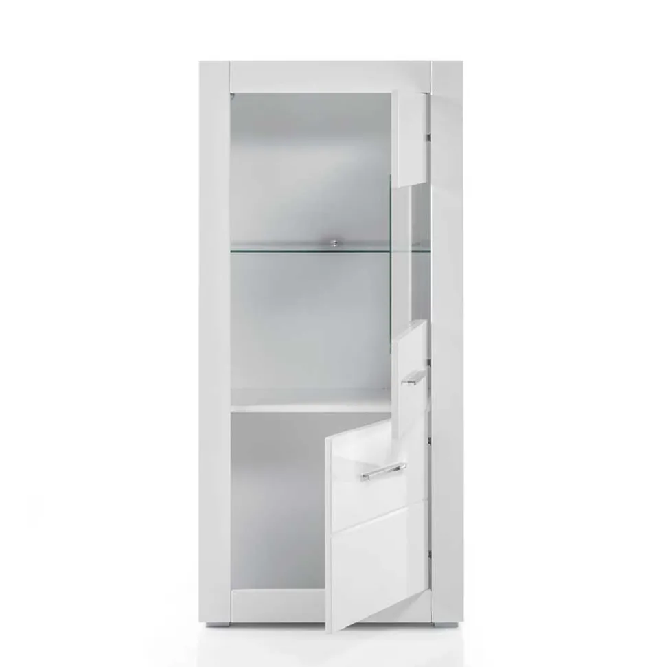142cm hohe Vitrine in Hochglanz Weiß Yulis 2-türig mit Glaseinsatz