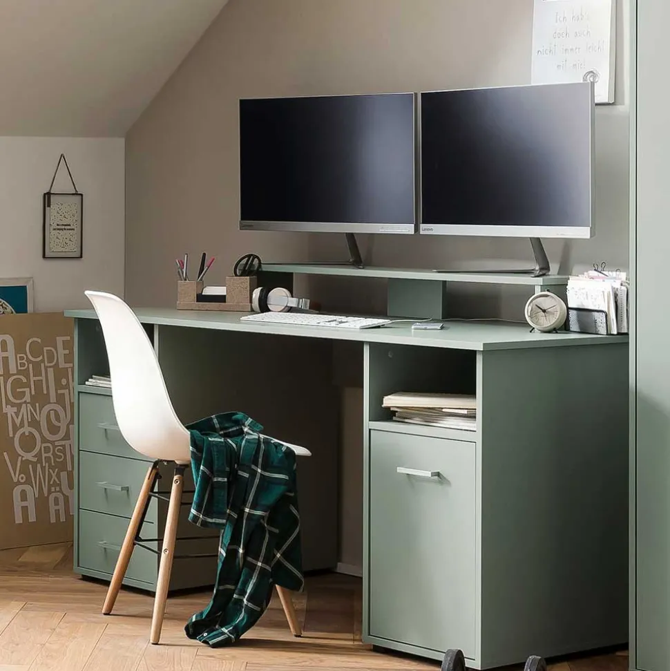 Computertisch mit Aufsatz in Graugrün - Tageda