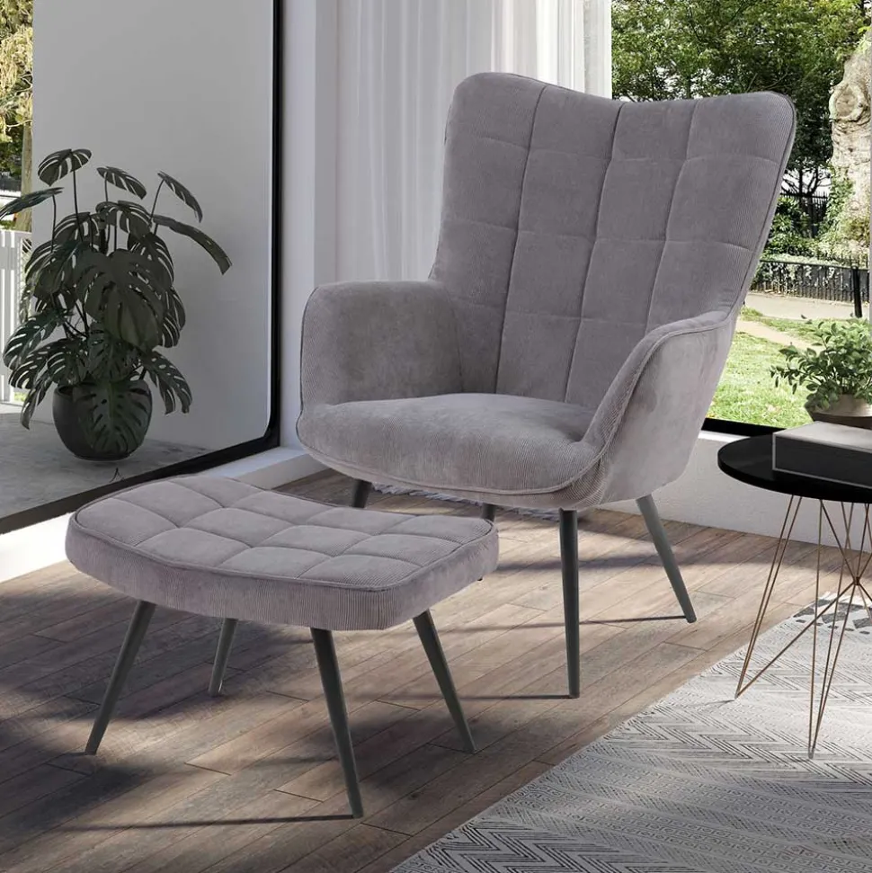 Cordsessel und Fußhocker in Grau - Zoryano (zweiteilig)