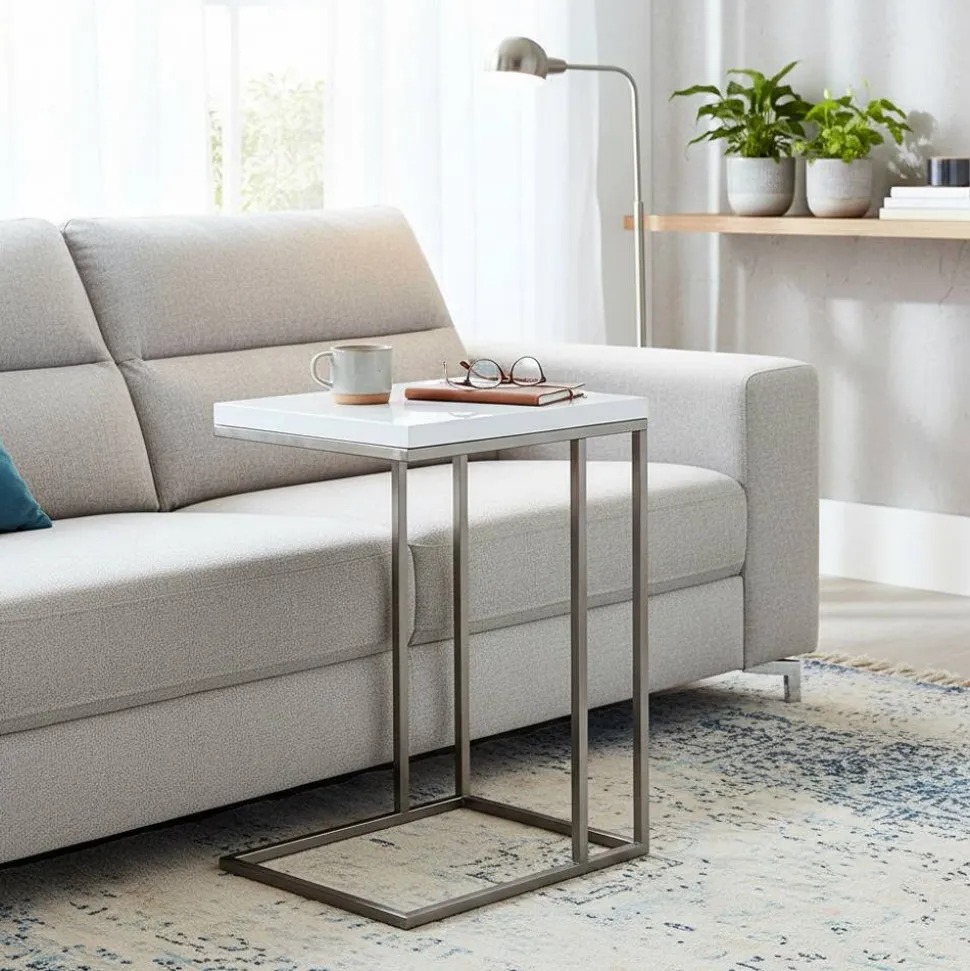 Design Beistelltisch mit weißer Platte Andino & Gestell Edelstahloptik