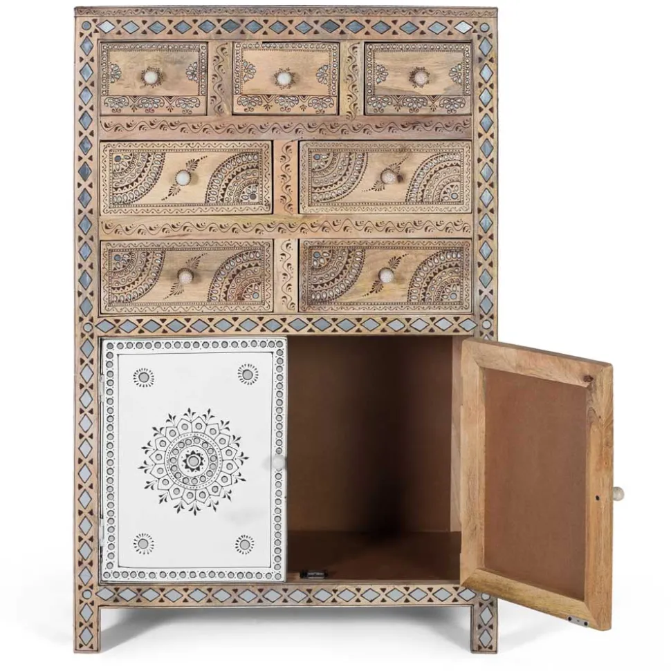 Design Highboard aus Mangoholz reich verziert - Magie