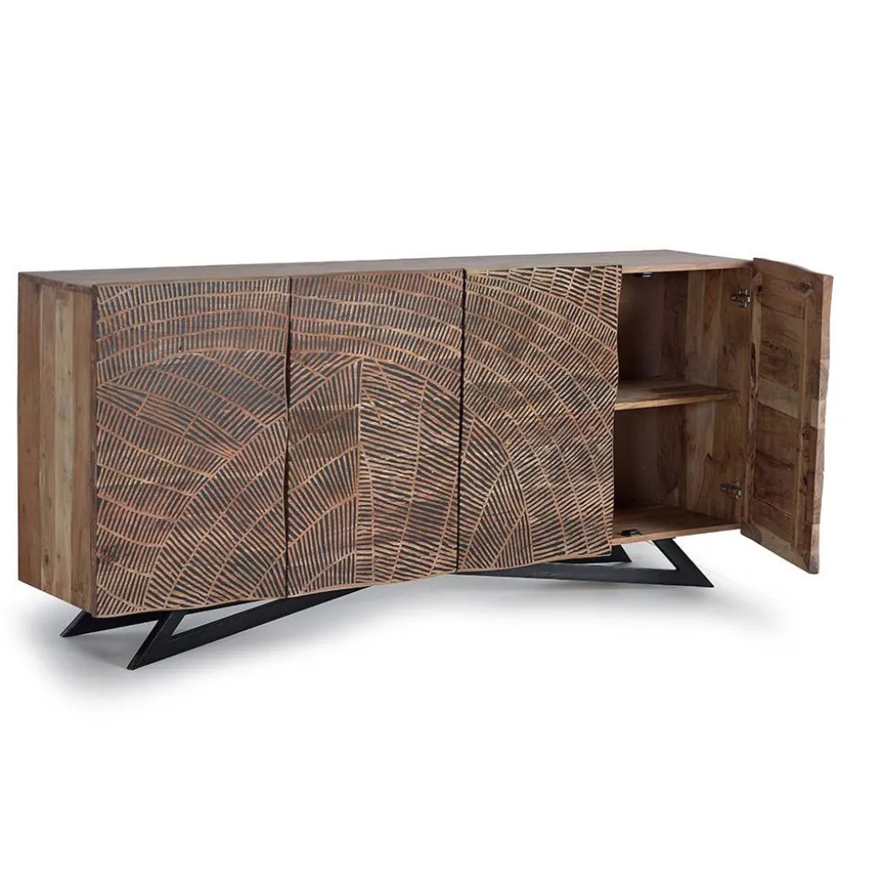 Design Sideboard aus Akazienholz mit Schnitzerei - Merlan