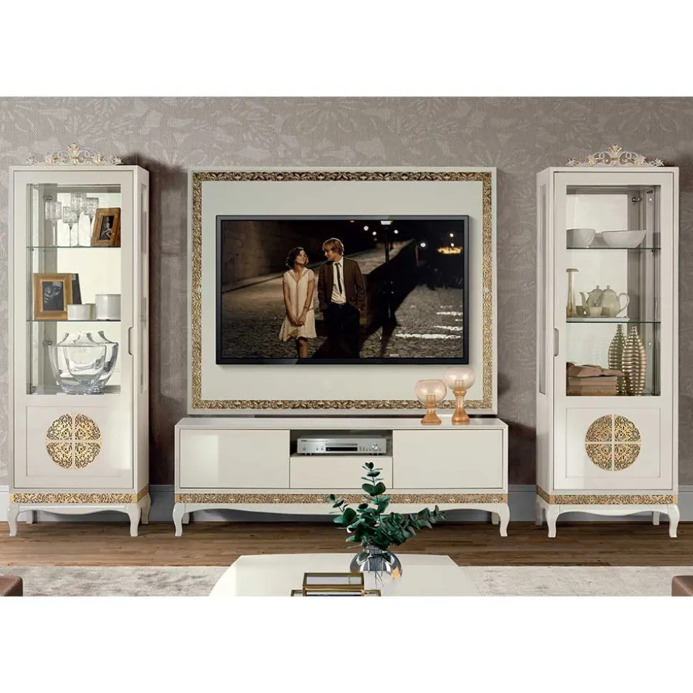 Design TV Wand in Weiß & Gold - Valganios (vierteilig)