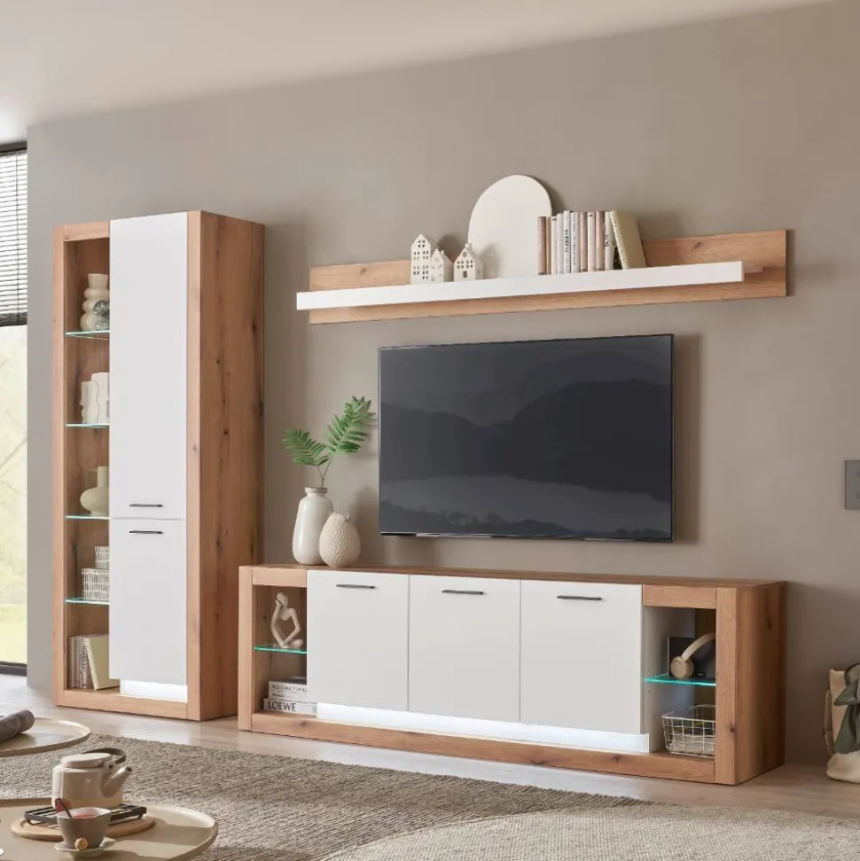 Design Wohnwand Set in Mattweiß - Adejano (dreiteilig)