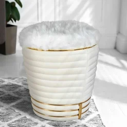 Designhocker in Cremeweiß Samtvelours - Ganuhr