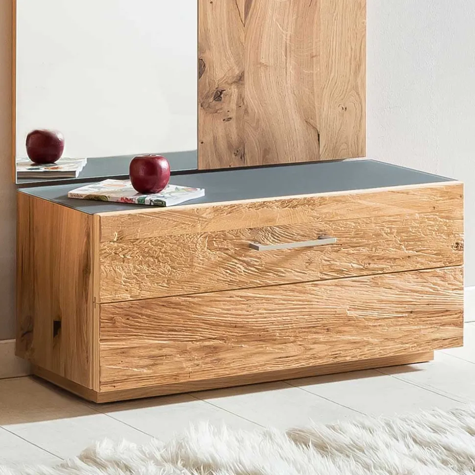 Dielen Set mit Balkeneiche Furnier & Spiegel Macusos & Glas Anthrazit (vierteilig)