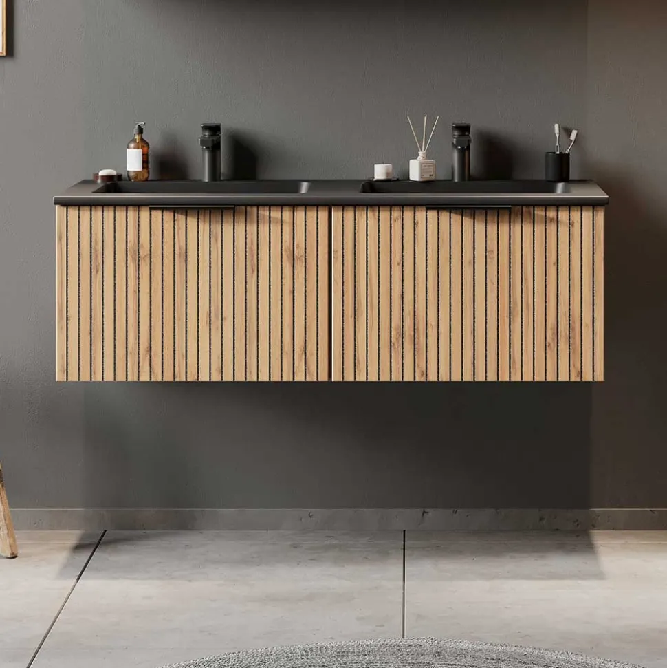 Doppel-Waschkonsole mit schwarzen Becken - Crystoga