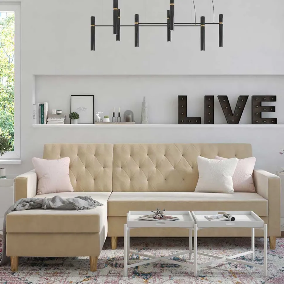 Ecksofa mit Bettfunktion in Creme Samt - Mikolos