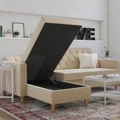 Ecksofa mit Bettfunktion in Creme Samt - Mikolos