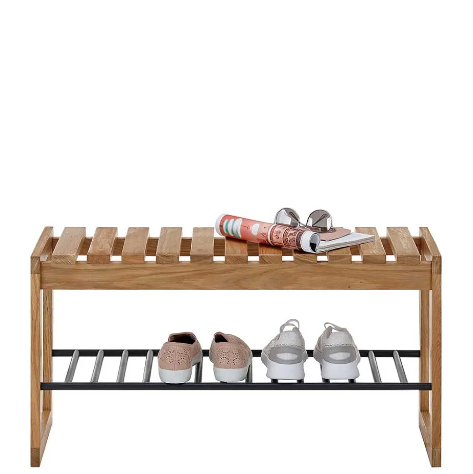 Eichenholz Schuhbank mit Metall Gitter-Ablage - Gangizo