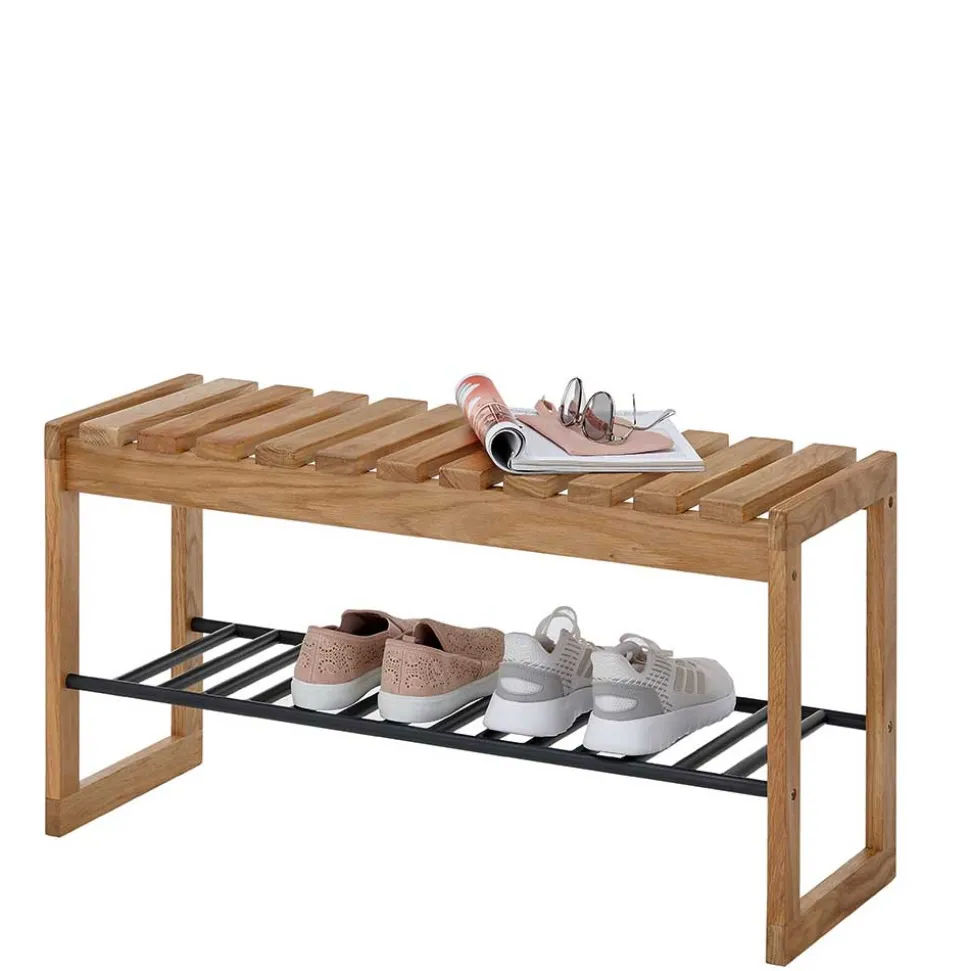 Eichenholz Schuhbank mit Metall Gitter-Ablage - Gangizo