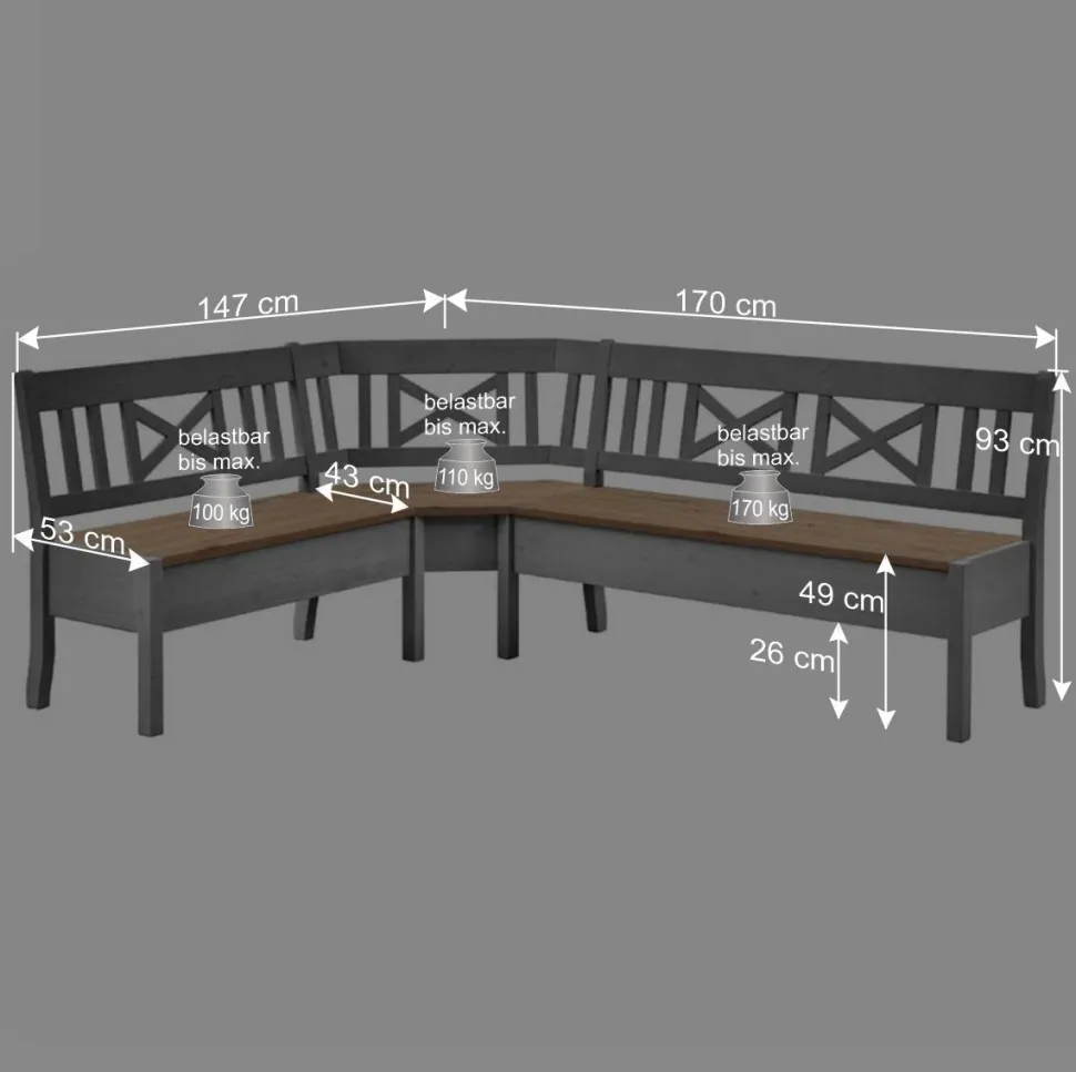 Esstisch Eckbank Jytte in Grau Kiefer massiv